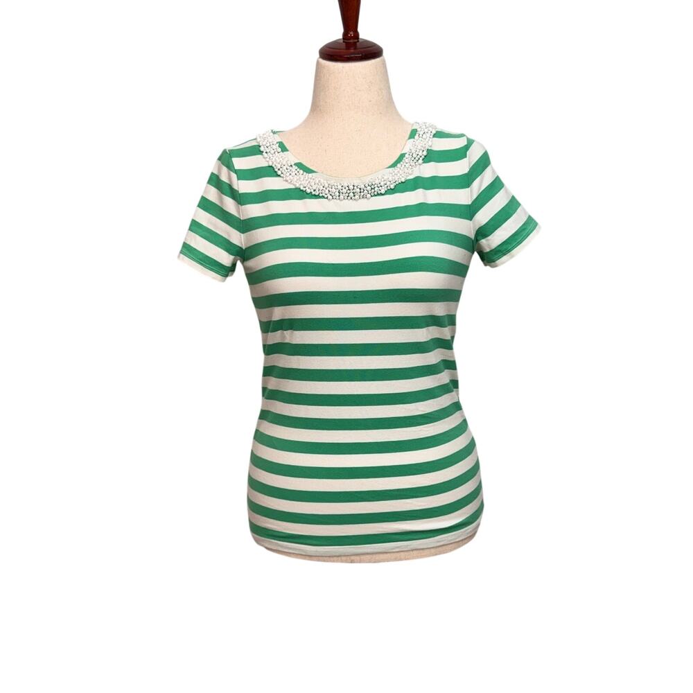 Talbots top short sleeve green & white stripe white beading at scoop neck Sz SP